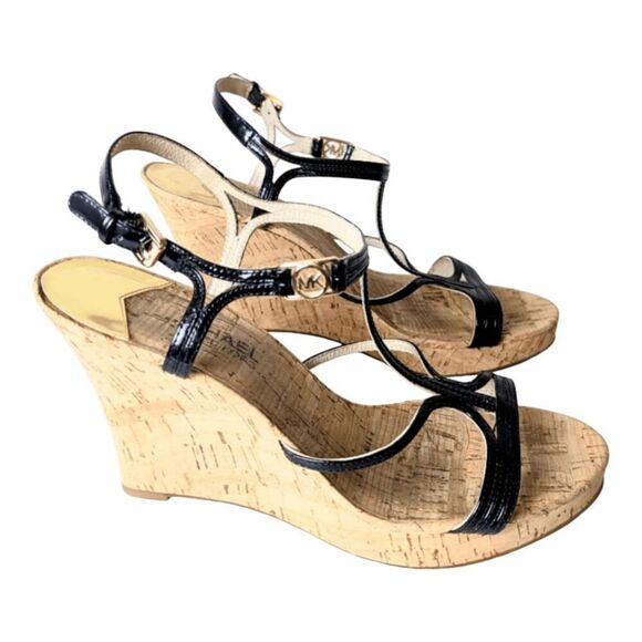 MICHAEL KORS Cicely Black Patent Leather Strappy Wedge Sandal Size 10 - Picture 2 of 7